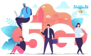 Illustration af 5G mobilt bredbånd med mennesker omkring